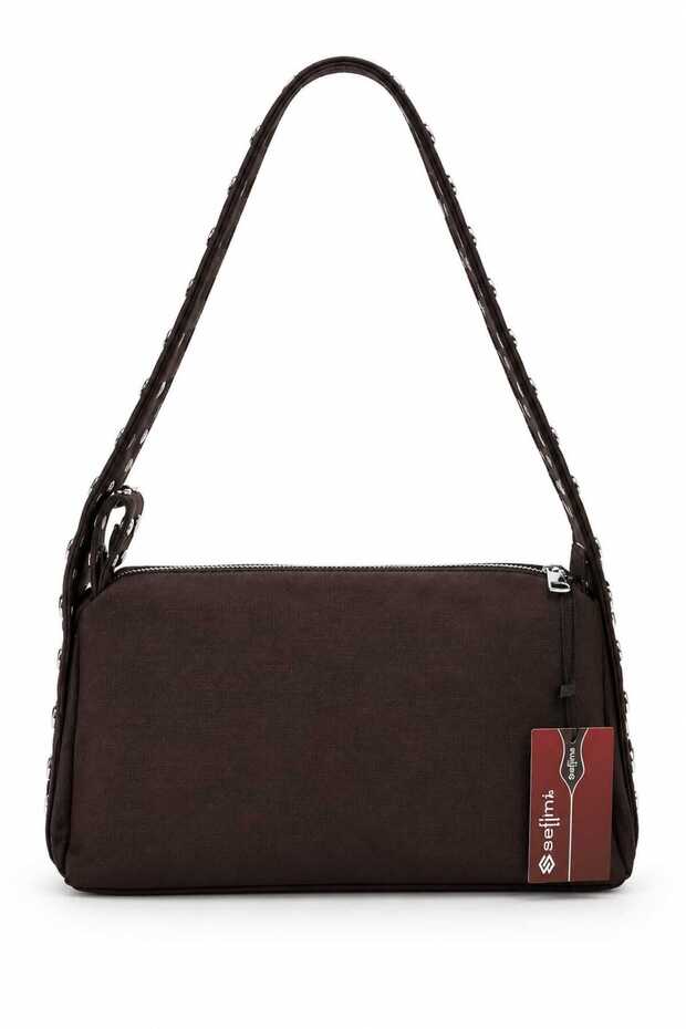 Brown Suede Shoulder Bag with Silver Studded Detail and Rocker Sleeve Detail