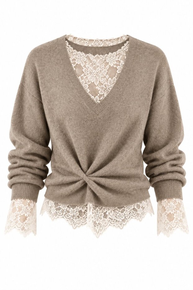 Dark Beige Lace Sweater with Ruched Detail - 261156