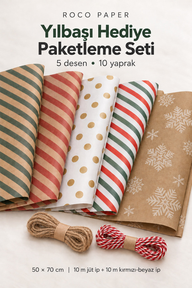 New Year's Gift Wrapping Set: 10 Sheets - 5 Designs, Wrapping Paper, and Jute & Red-White String Set (20 m)