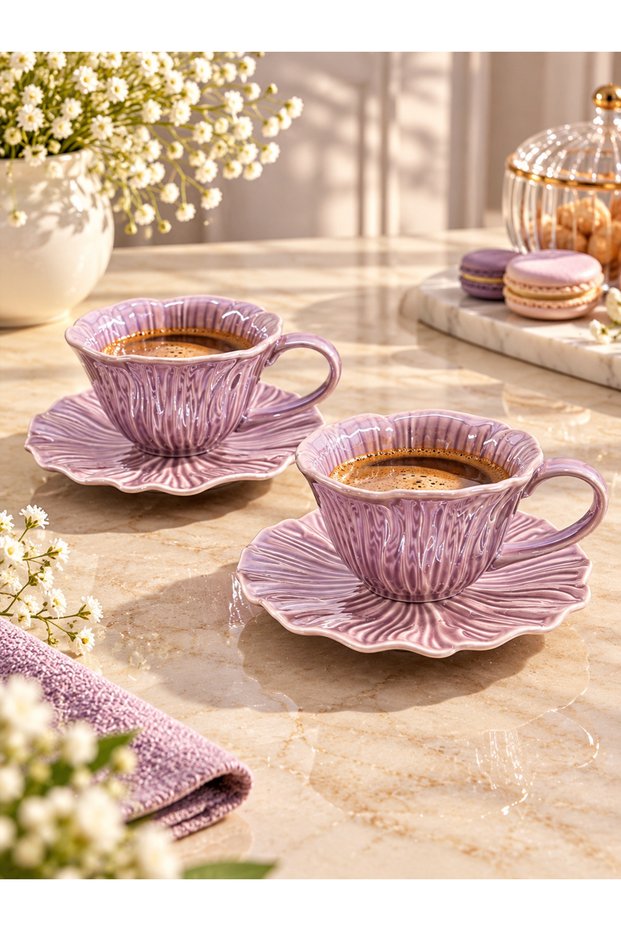 Luxury Porcelain 2-Piece Coffee Cup Set with Daisy Relief Pattern, 90 mL