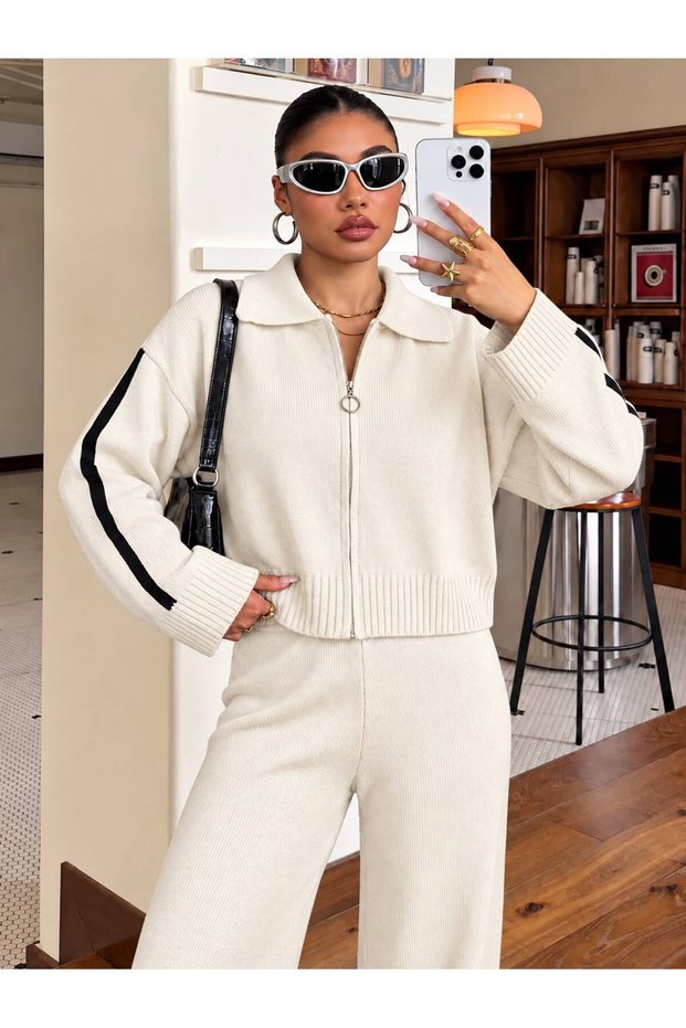 Chain Detail Polo Collar Stylish Knitwear Set
