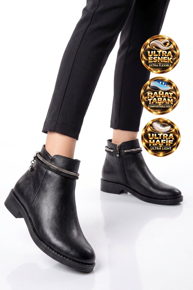 Black Leather Women's Zip-Up Boots with Stone Embellishments—Stylish, Lightweight, and Comfortable 325165