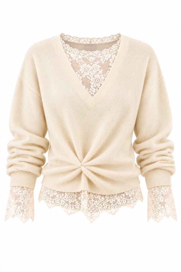Cream-Colored Sweater with Ruched Lace Detail - 261156