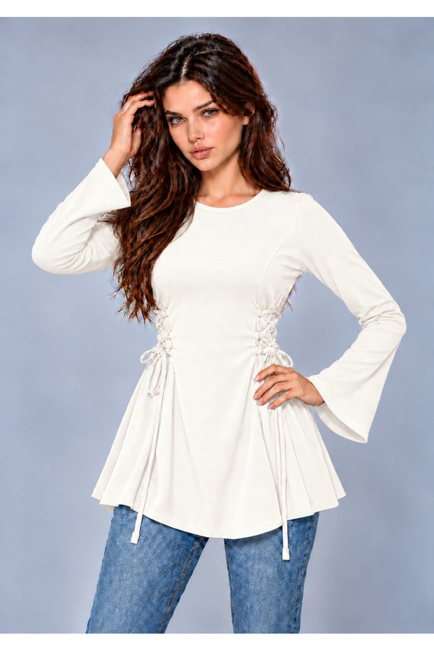 Women's Side-Tied, Fitted, Ruffled, Long-Sleeved Tunic Blouse 0272