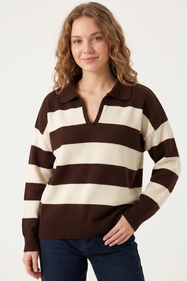 Women's Brown Cream Striped Polo Collar Sweater