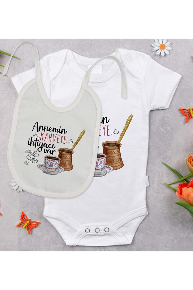 BK Kids "Mom Needs Coffee" Design Baby Bodysuit and Bib Gift Set - Model 1