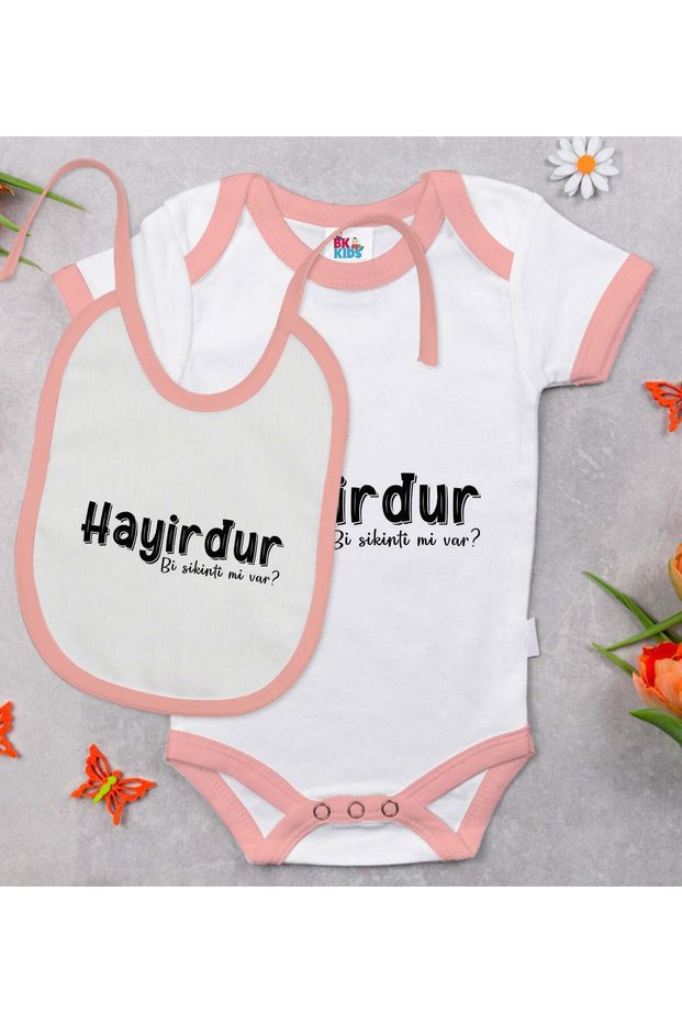 BK Kids "Hayirdur" Design Pink Baby Bodysuit and Bib Gift Set-1, 9–12 Months