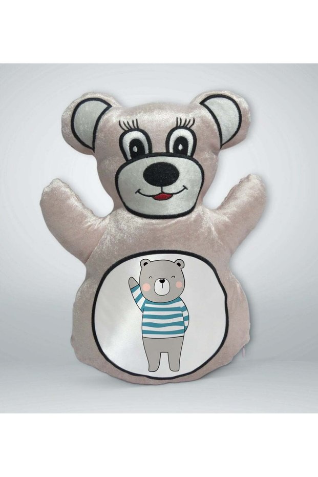 Cream-Colored Teddy Bear Print Pillow - 5