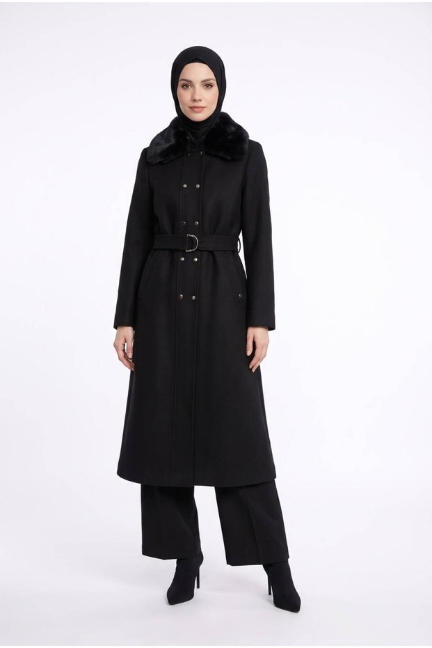 Trendy Collar, Fur-Trimmed Viscose Fabric, Snap Button, True to Size Melton Coat