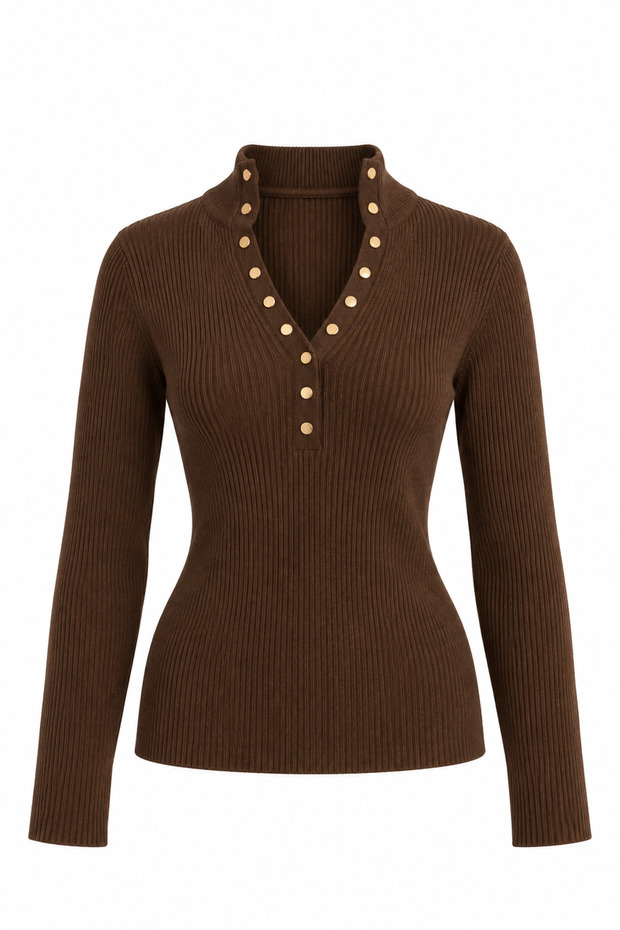 Button-front, half-turtleneck knit blouse