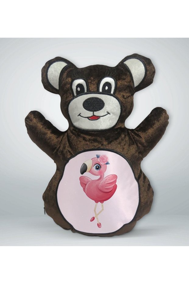 Brown Teddy Bear Pillow with Flamingo Design - 3