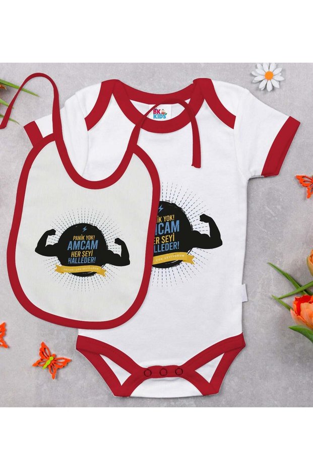 BK Kids "My Uncle Takes Care of Everything" Red Baby Bodysuit and Bib Gift Set #1, Sizes 9-12