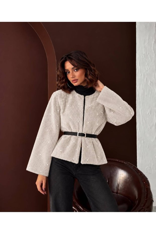 Women's Soft, Short Cashmere Melton Coat with Fig-Patterned Lining and Belt