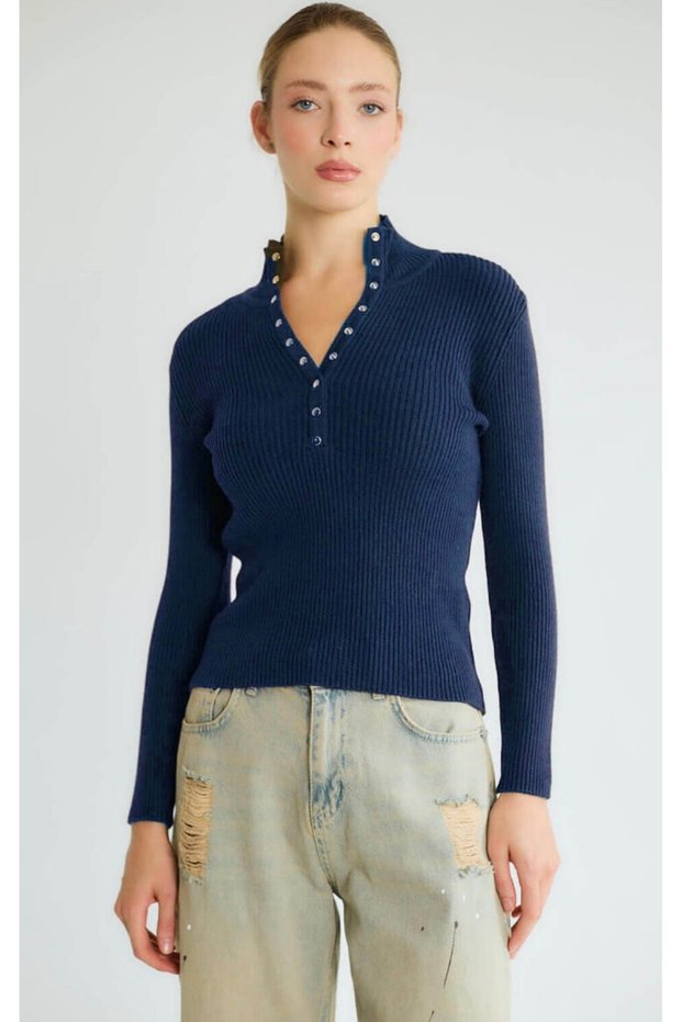 Button-front, half-turtleneck knit blouse