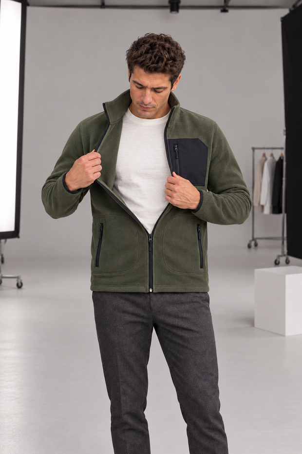 Men's Khaki Fleece Jacket with 3 Zippered Pockets and Full-Length Fleece-Lined Zipper