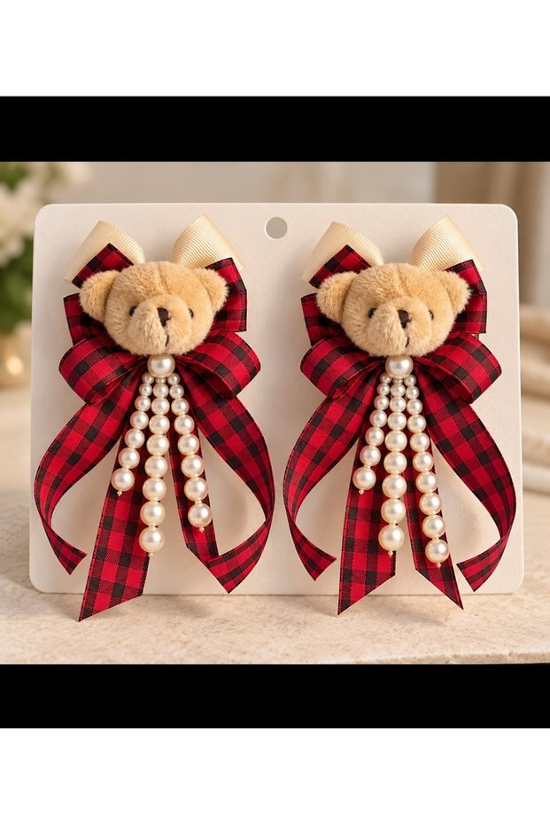 🐻 Checkered Teddy Bear Print Plaid Bow Detail Hair Clip – Set of 2 ❤️