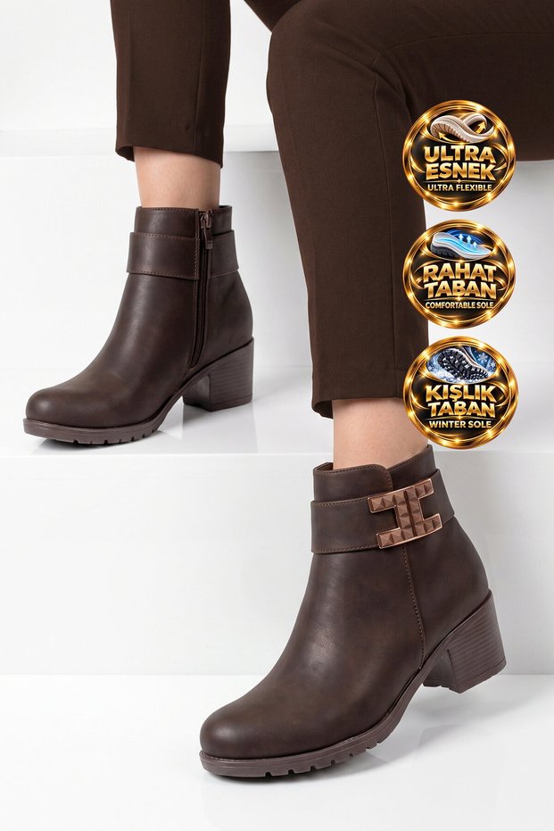 Coffee Emerald Buckle Detail Women's Heeled Zip-Up Boots 517078