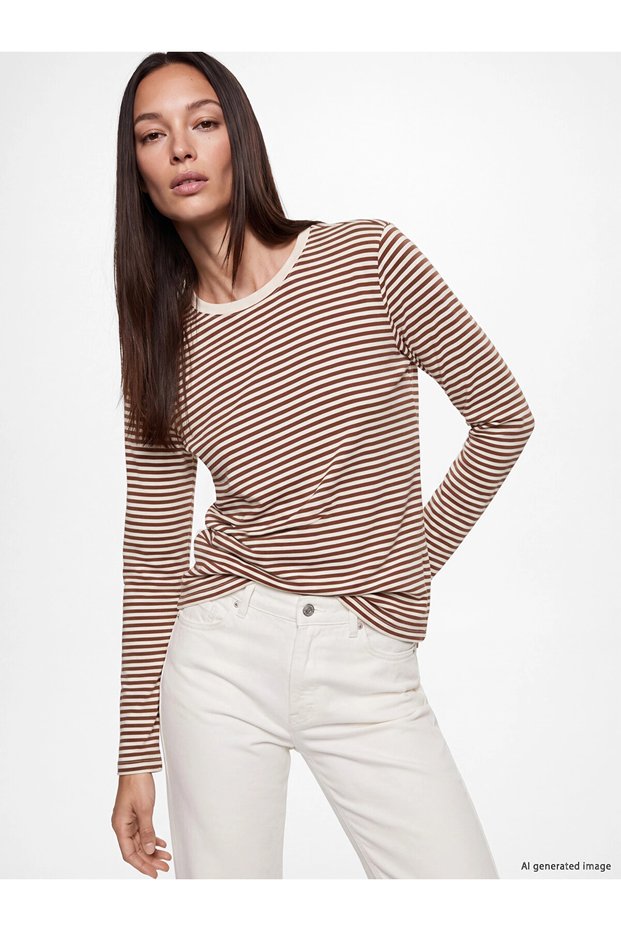 Lcw Everyday Beige Crew Neck Striped Women's Bodysuit