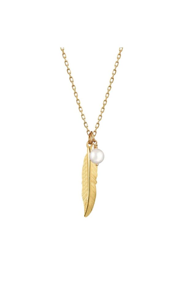 18Kt Gold Feather Pendant Necklace with Cultured Pearl | Shiny & Glossy Finish N1YP37