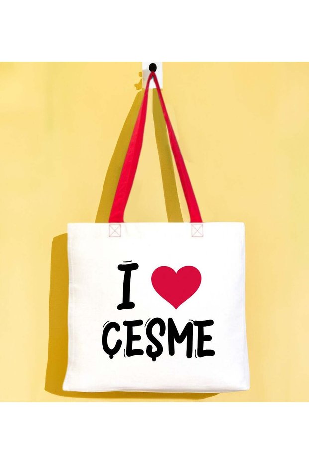 I Love Çeşme Red Colorful Handle Gabardine Cloth Bag 40X35Cm, Printed Shoulder Bag, Shopping