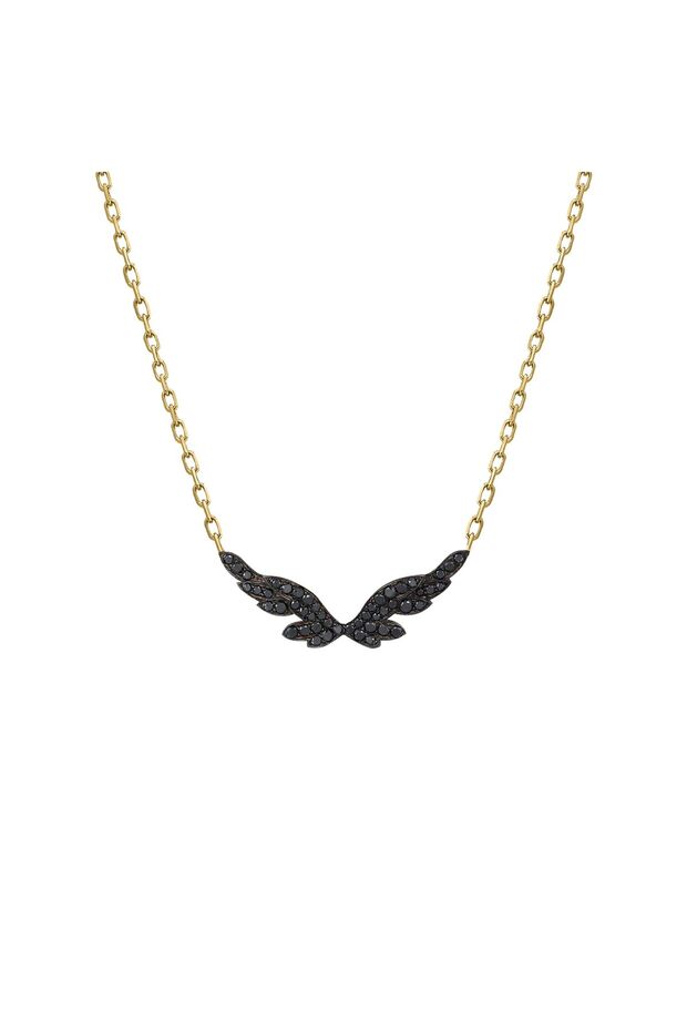18Kt Yellow Gold Wings Pendant Necklace with Black Diamonds DN1Y126