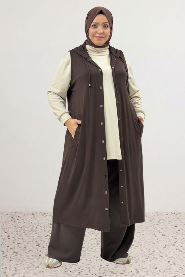 34001 Plus Size Snap-Fastened Hooded Jersey Vest - Dark Brown