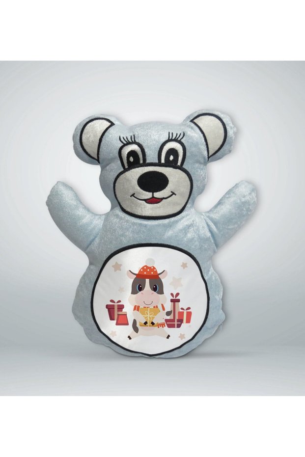Cute Blue Bear Pillow with Cow Design - 1