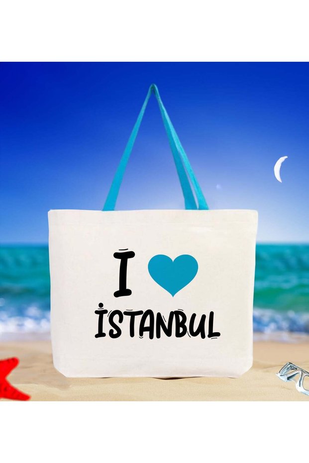 I Love Istanbul Turquoise-Colored Handle Canvas Beach Bag 48x40m, Printed Shoulder Bag, Shopping Bag