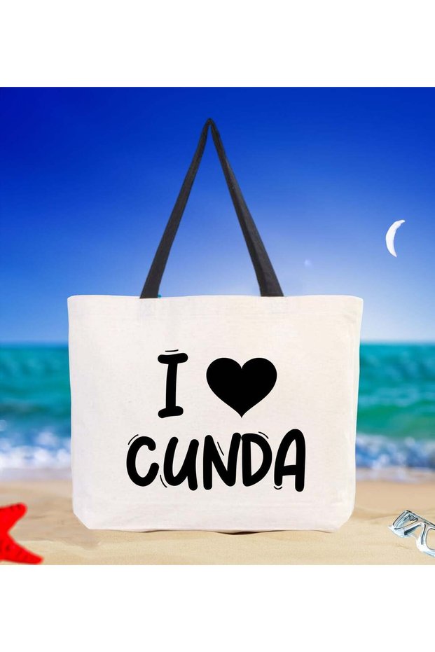 I Love Cunda Black Canvas Beach Bag with Handles, 48x40m, Printed Shoulder Bag, Shopping Bag
