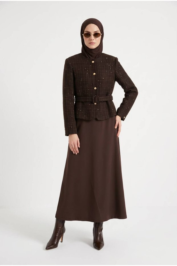 Trendy Full-Length Sleeveless Dress with Tweed Jacket, Cotton Slim Fit Belted Two-Piece Set