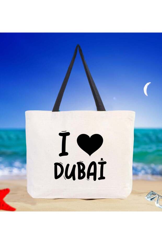 I Love Dubai Black Canvas Beach Bag with Handles, 48x40m, Printed Shoulder Bag, Shopping Bag