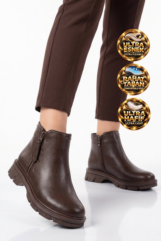 Coffee-Colored, Thick Rubber Sole, Studded Detail, Stylish Fleece-Lined Women's Zip-Up Boots 351107