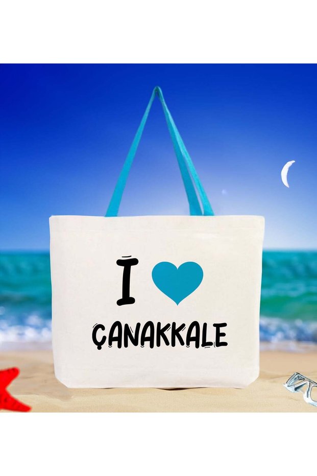 I Love Çanakkale Turquoise-Colored Handle Canvas Beach Bag 48x40m, Printed Shoulder Bag, Shopping