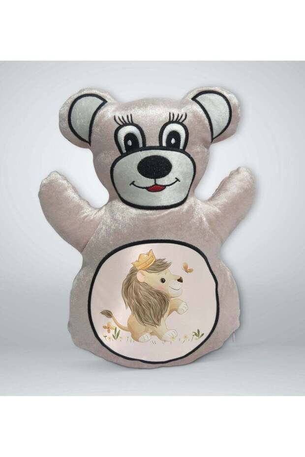 Cute Lion-Printed Cream Teddy Bear Pillow - 3