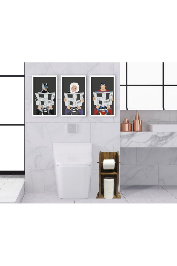 BK Home Natural Solid Wood Toilet Paper Holder and Decorative 3-Piece Wooden Picture Frame Set with White Frames-7