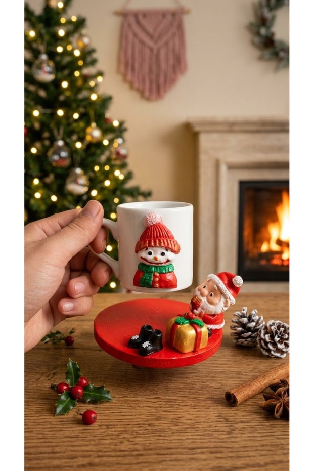 New Year's-Themed Embossed Coffee Cup and Santa Claus Figurine Serving Plate Set