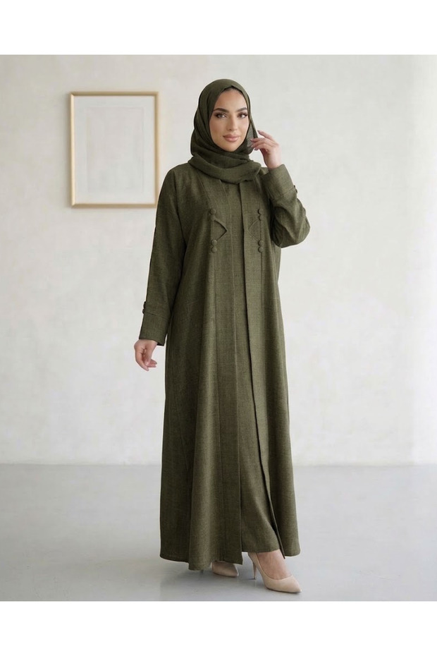 Olive Green 3 Pieces Abaya Textured Fabric With Inner And Hijab Winter Collection