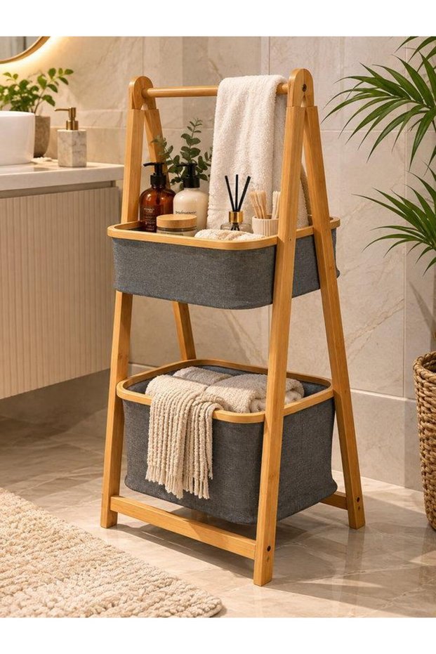 Multi-Tiered Wooden Organizer with Bamboo Baskets