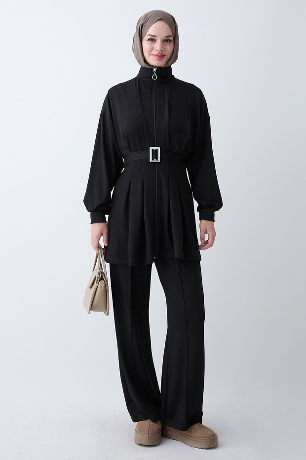 Black Pleated Two-Piece Set with a Belt