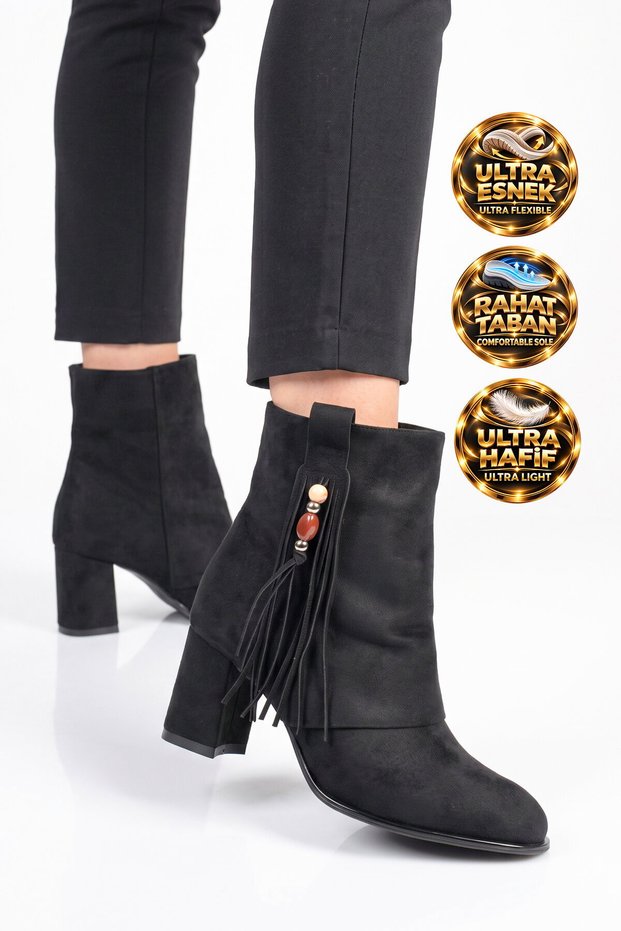 Women's Black Suede Bohemian-Style Boots with Tassels and Beaded Details 659404