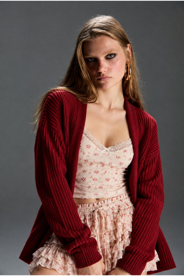 Women's Burgundy Corded Fabric Knit Long-Sleeved Buttonless Loose-Fit Cardigan