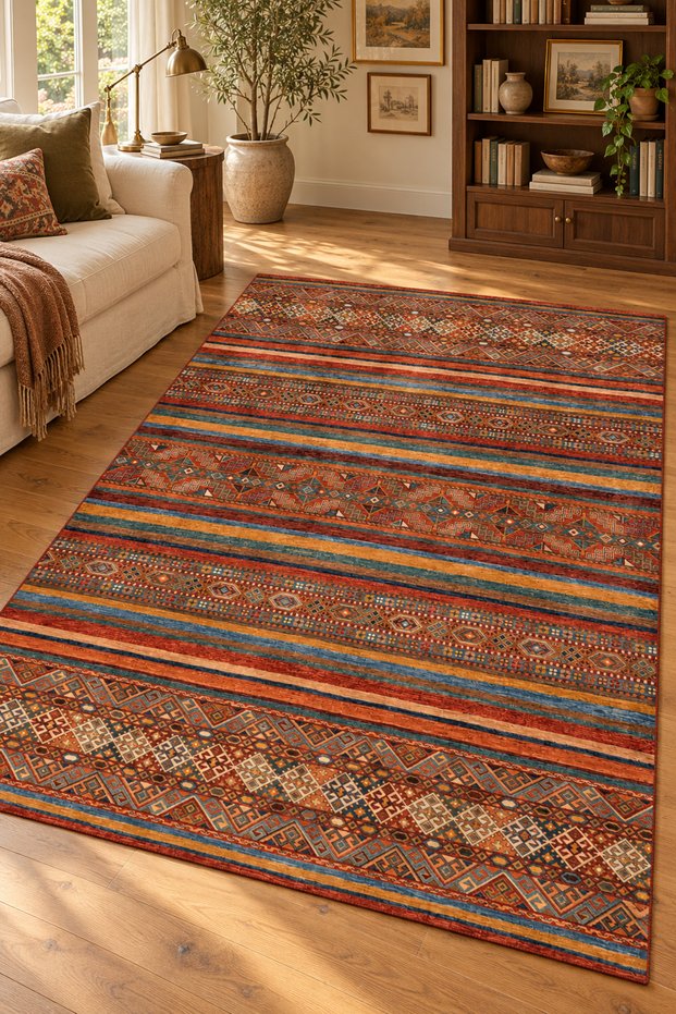 Vintage Machine-Woven Rug, Washable, Non-Slip Sole, Shag Living Room Rug 0087 Terracotta Color
