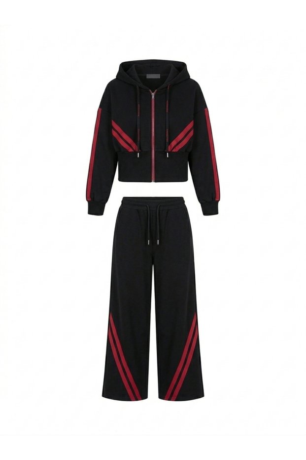 TREND SPECIAL DESIGN 2-THREAD, CORD-FREE STRIPED DETAILED HOODED WAIST-FITTED SWEATSHIRT BAGGY TRACKSUIT 2-PIECE SET