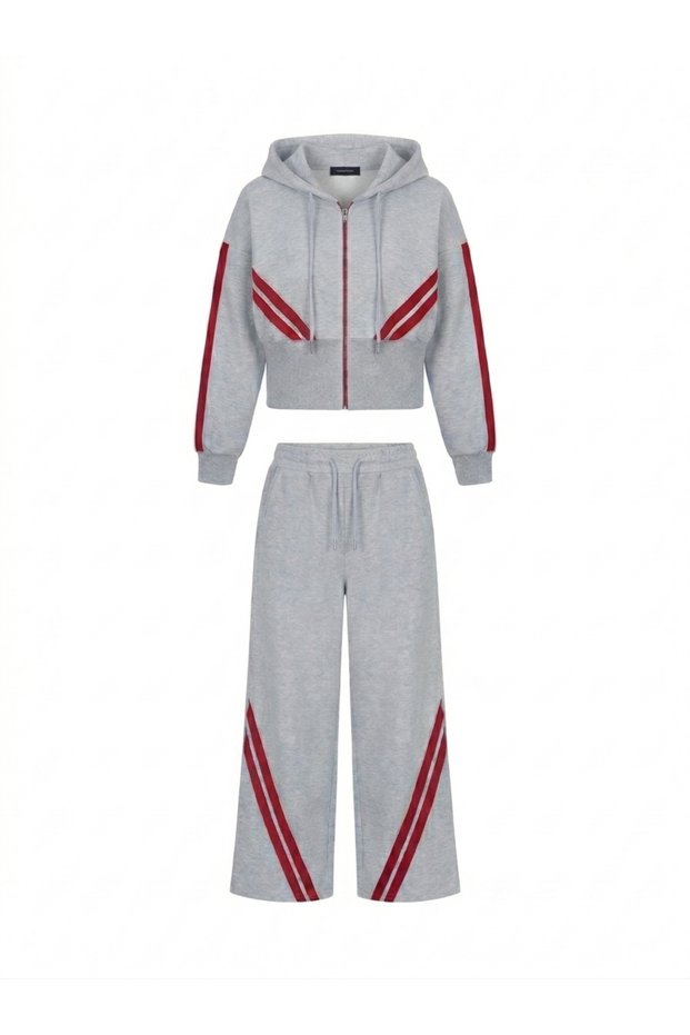 TREND SPECIAL DESIGN 2-THREAD, CORD-FREE STRIPED DETAILED HOODED WAIST-FITTED SWEATSHIRT BAGGY TRACKSUIT 2-PIECE SET