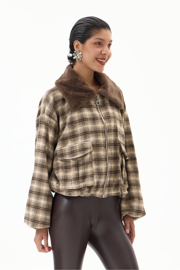 Women's Italian Plaid-Patterned Collar Fur-Trimmed Zipper Jacket, Sizes 38–44