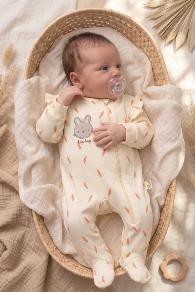 Cream-Colored Girl's Baby Romper with Rabbit Embroidered Design, 100% Cotton, Footed, with Shoulder Detail, 0–3 Months