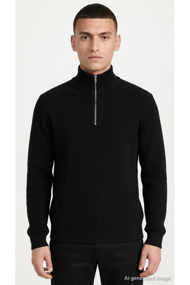 Men's Knit Sweater with Half-Zip, Mock Neck, Textured Knit, Long Sleeves, Ribbed Cuffs, Casual Winter Style, Regular Fit 12305683MRV