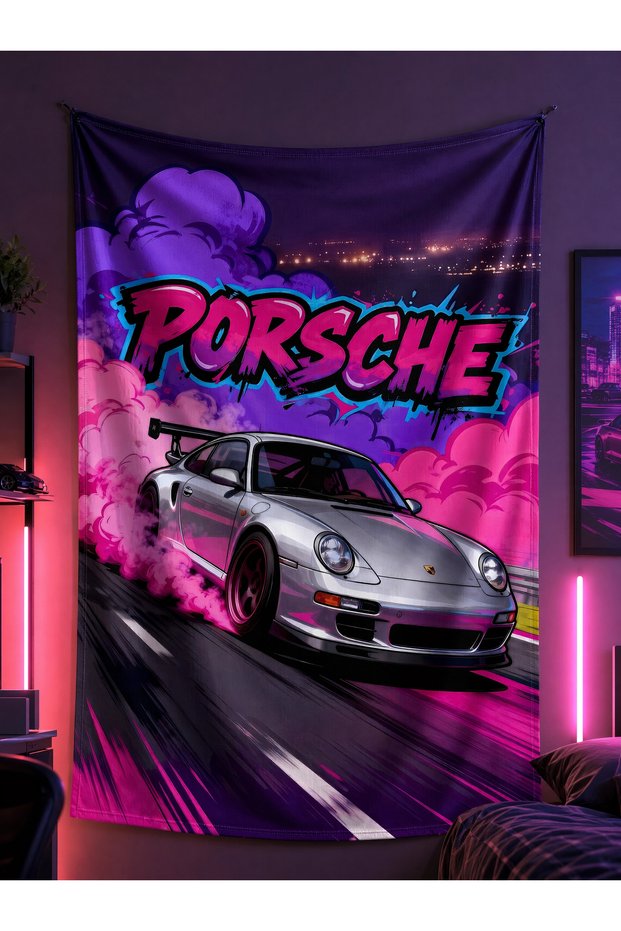 Porsche 911 Graffiti & Drift-Themed Neon Pink Smoky Sports Car & Street Art & Need for Speed-Style Gamer Room Wall Mural