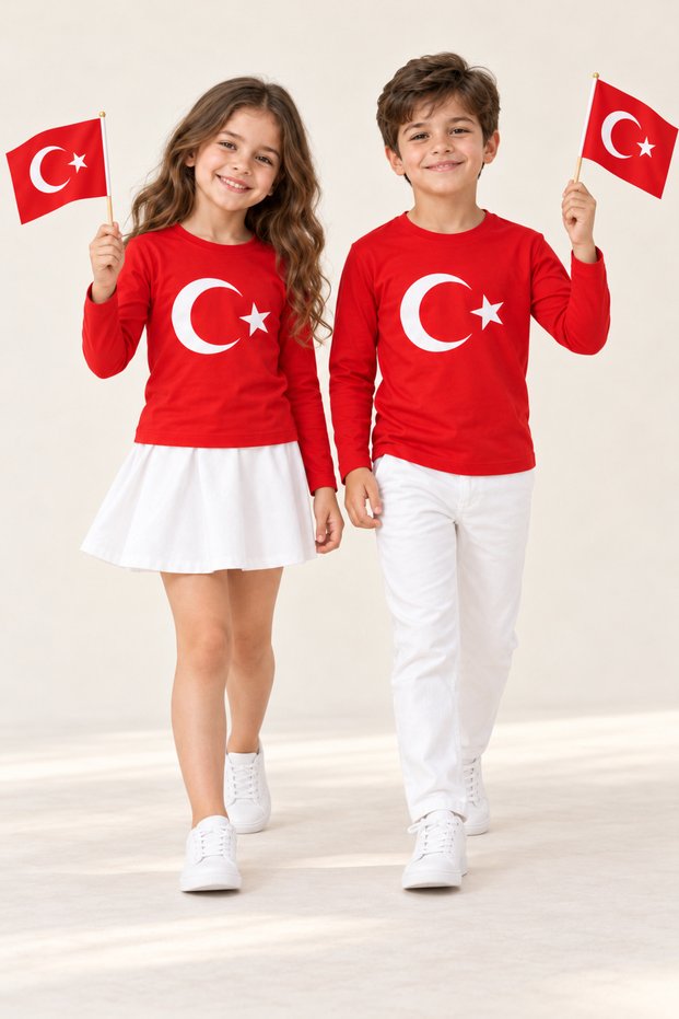 Girls' and Boys' Long-Sleeve T-Shirt with Turkish Flag and Red Crescent and Star Print—October 29, April 23