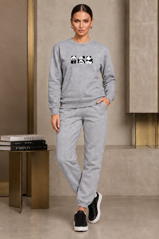 Crew-Neck Brushed Inside Chardonnay Sweatshirt Set—Seasonal 3-Piece Set with Panda Print for Women/Girls